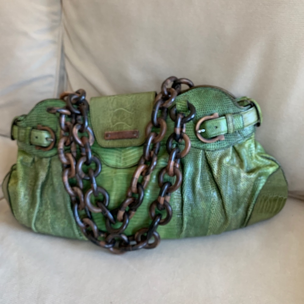 Luxe Salvatore Ferragamo Large Leather 
Handbag Clutch or Shoulder Green Lizard